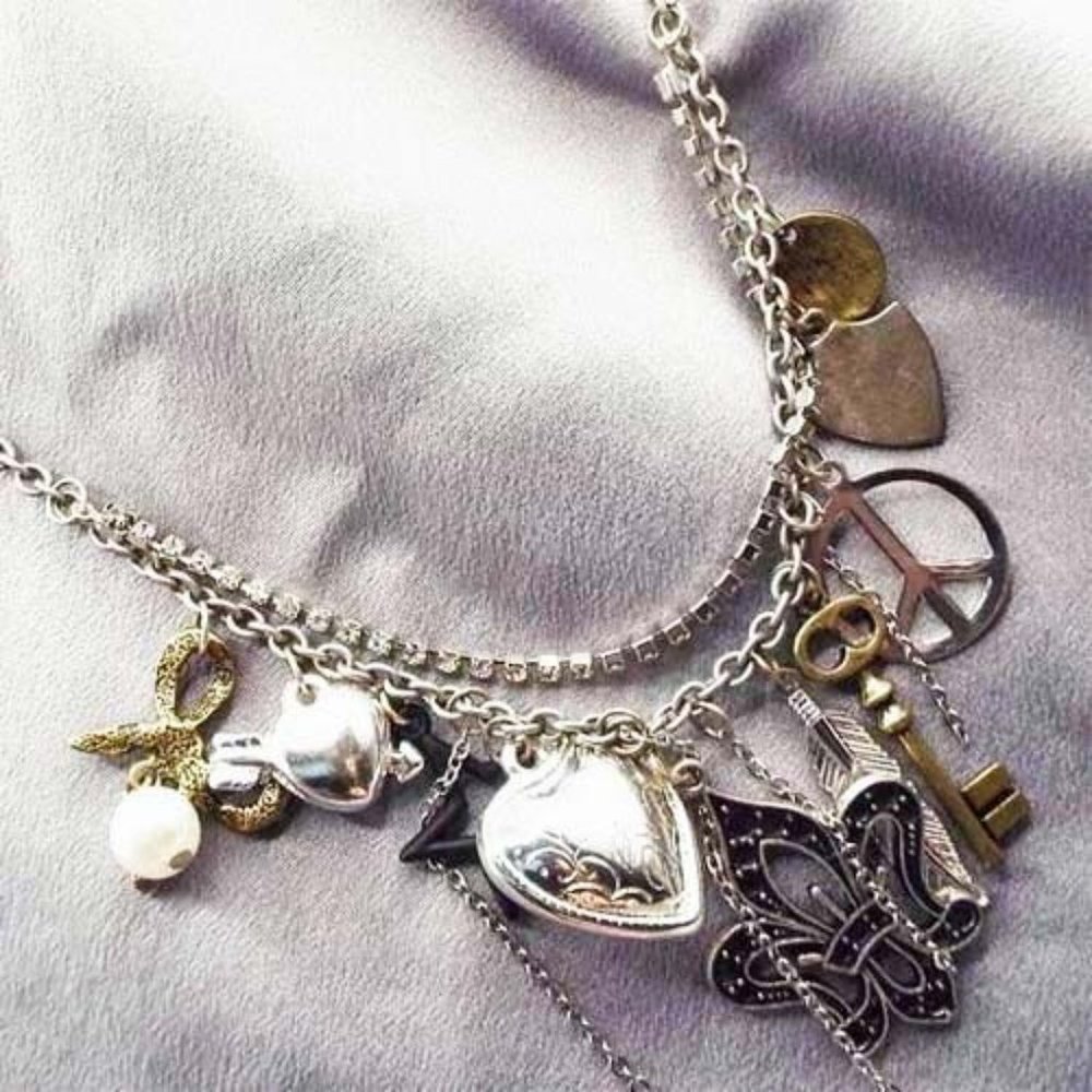 MEMORY CHARMS HEARTS, KEYS, FEATHER, FLEUR, PEACE SIGN RHINESTONES NECKLACE 36